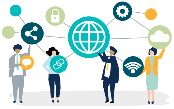 a group of people holding icons